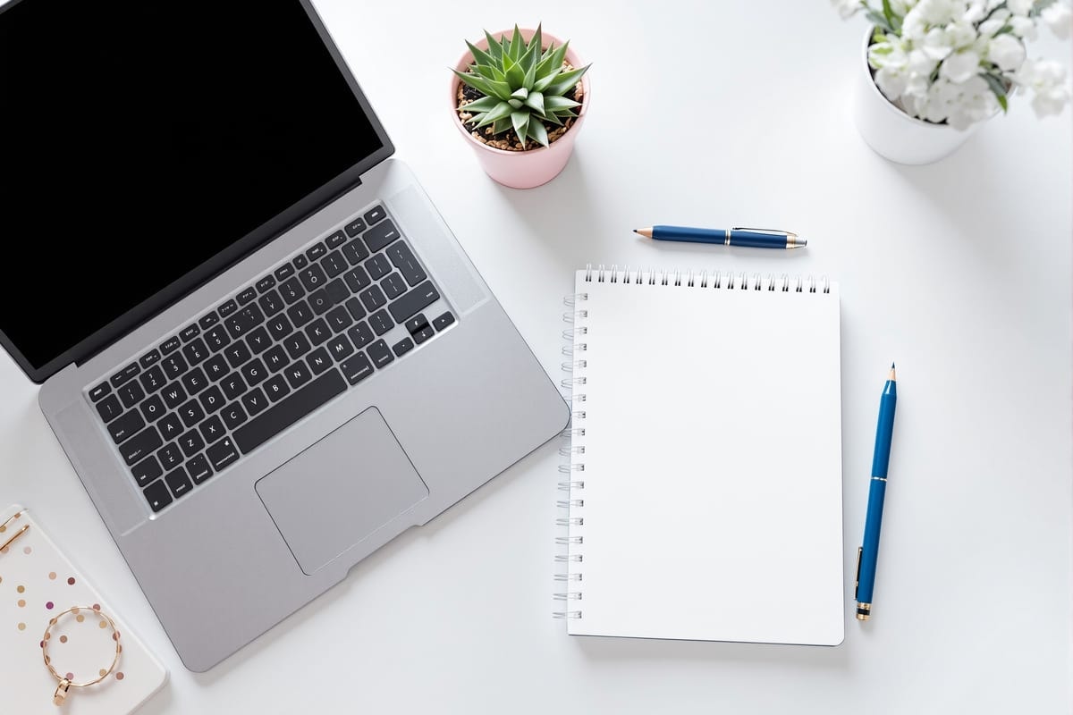 Tidy desk with a laptop and notebook used for planning a website build