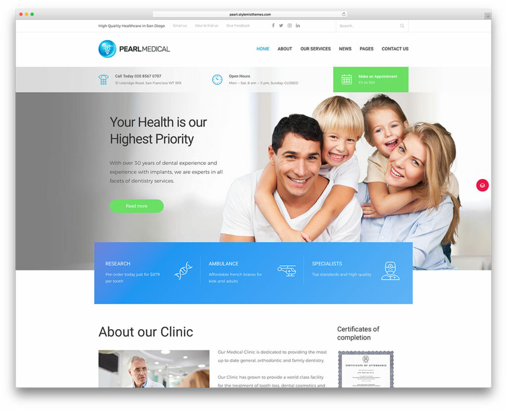 pearl simple medical website wordpress template